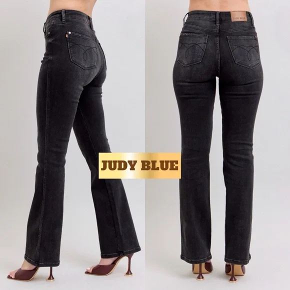 NEW! JUDY BLUE BLACK HIGH WAIST TUMMY CONTROL BLACK SHORTER BOOTCUT INSEAM JEANS - Picture 1 of 6